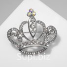 Брошь "Корона" с завитками, цвет белый в серебре