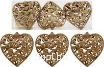 Christmas tree decorations: 3 openwork hearts, 10.2 x 4.6 x 10.2 cm. Color: gold.