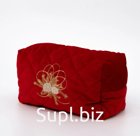Velvet/linen cosmetic bag with assorted silk thread embroidery
