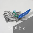 Брошь "Открытая книга" перо и роза, цвет сине-голубой в серебре
