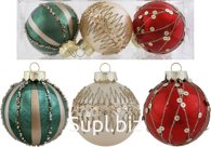 3 Christmas tree balls, 8 cm, Surprise. Color: red/champagne/emerald.