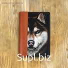 Обложка на паспорт комбинированная "Волк с голубыми глазами" рыжая, черная вставка