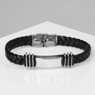 Браслет кожаный «Стиль» прямоугольник с косичкой, чёрный с серебром, 22 см