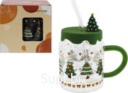 Mug 450ml "Fir Trees", with lid and straw, glass