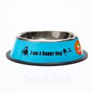 Миска железная с нескользящим основанием "I am happy dog" 15 х 3,5 см, 470 мл, синяя